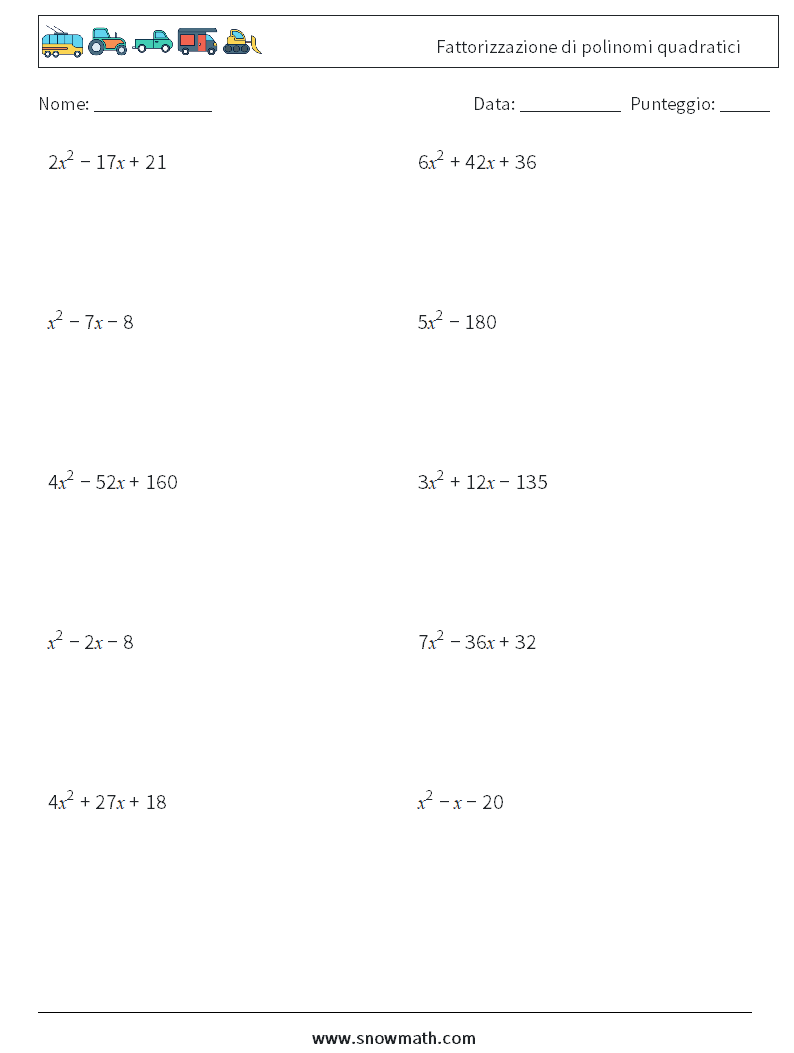 Fattorizzazione di polinomi quadratici Fogli di lavoro di matematica 7