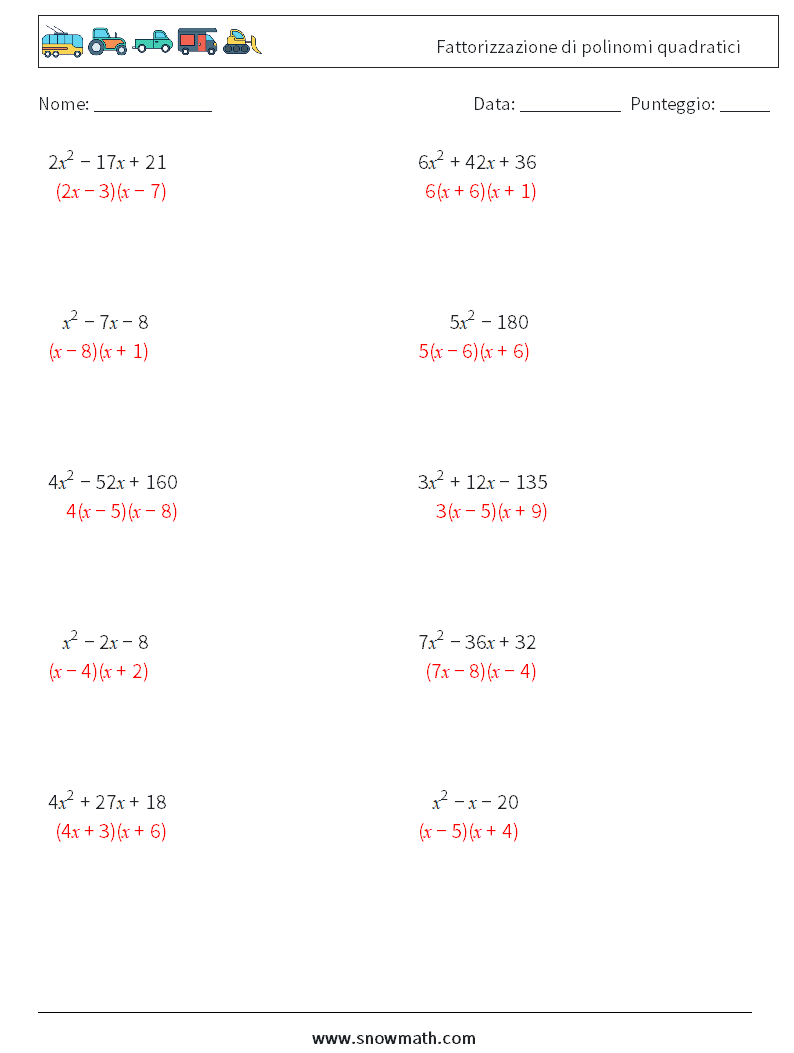 Fattorizzazione di polinomi quadratici Fogli di lavoro di matematica 7 Domanda, Risposta