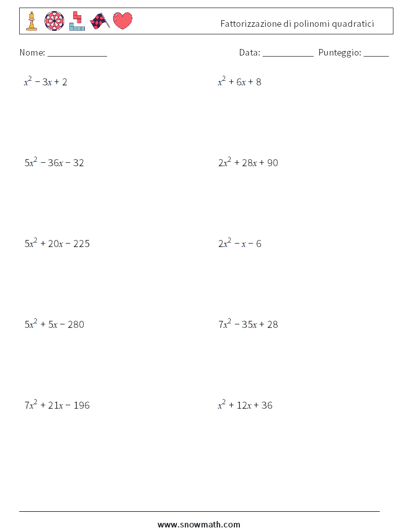 Fattorizzazione di polinomi quadratici Fogli di lavoro di matematica 8