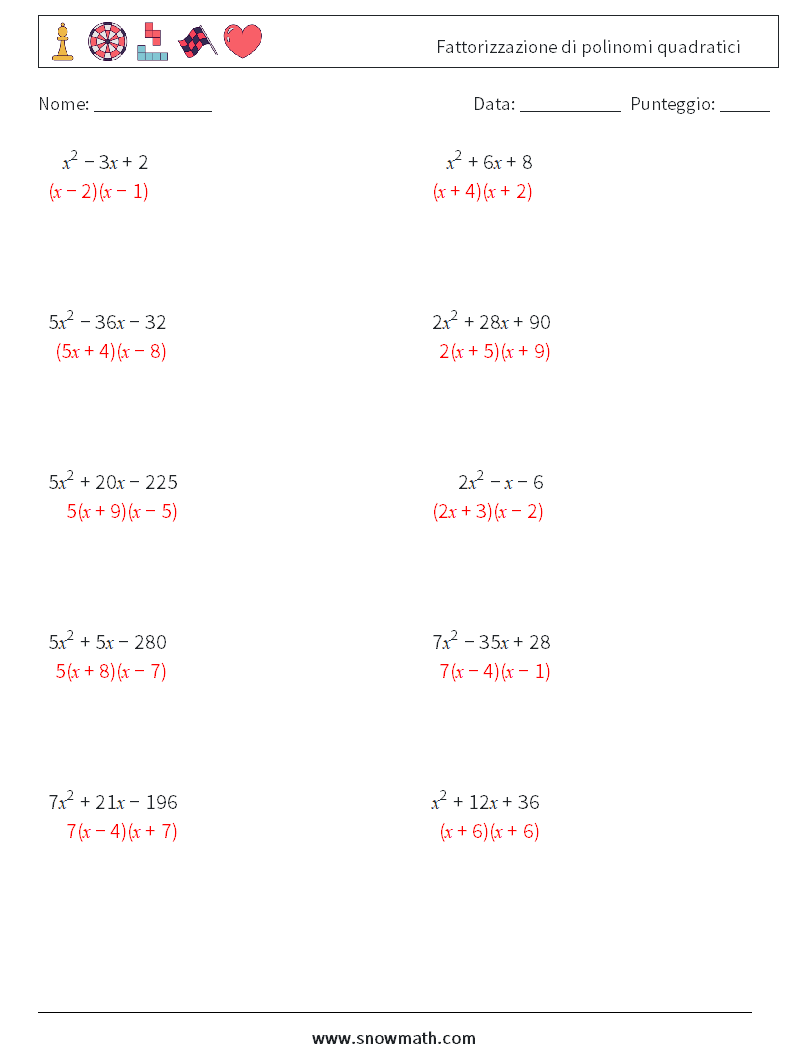 Fattorizzazione di polinomi quadratici Fogli di lavoro di matematica 8 Domanda, Risposta