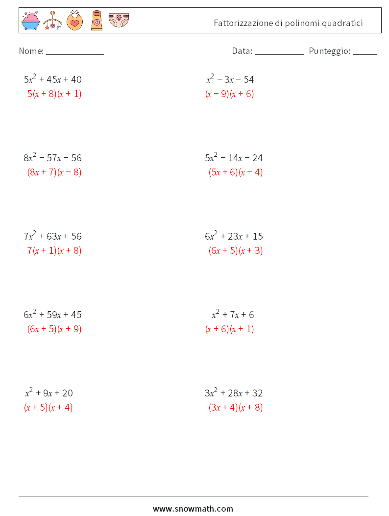 Fattorizzazione di polinomi quadratici Fogli di lavoro di matematica 9 Domanda, Risposta
