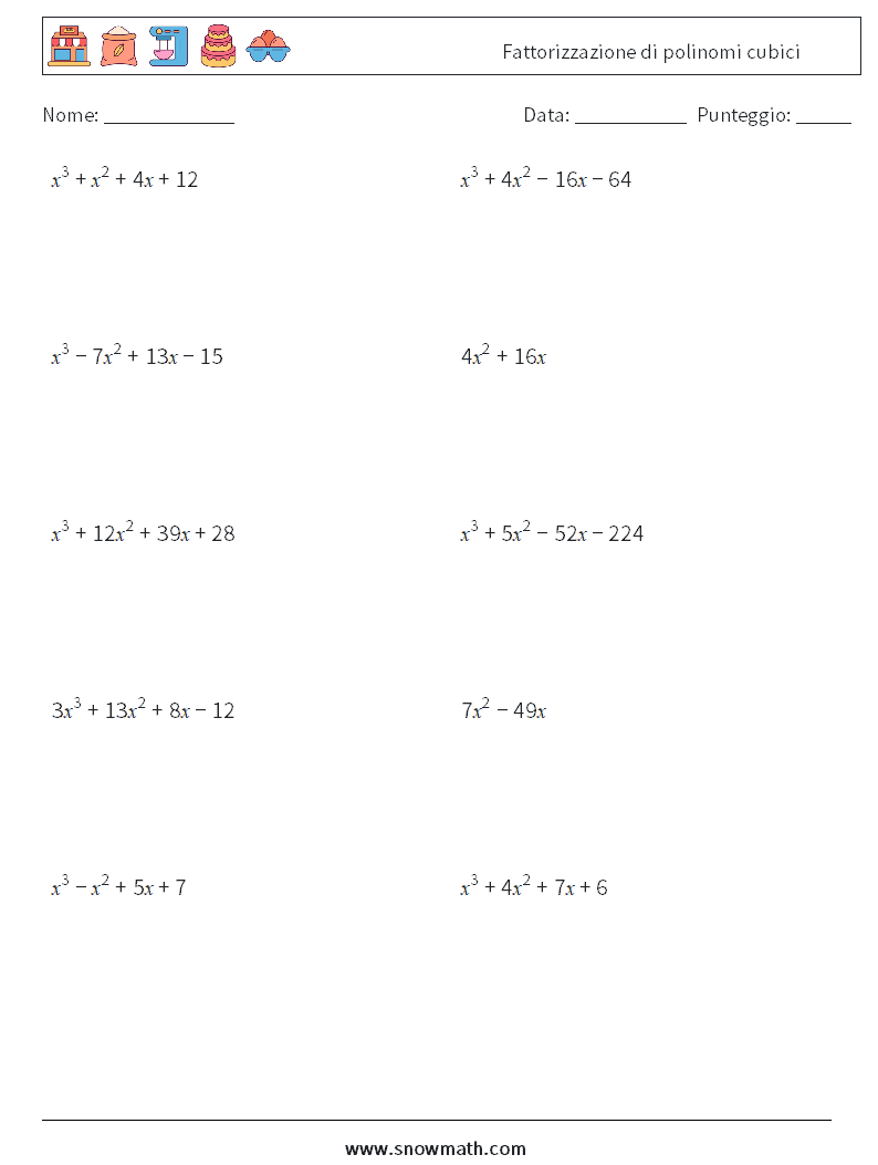 Fattorizzazione di polinomi cubici Fogli di lavoro di matematica 1