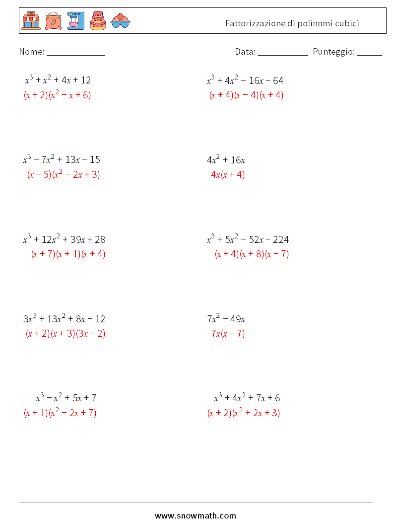 Fattorizzazione di polinomi cubici Fogli di lavoro di matematica 1 Domanda, Risposta
