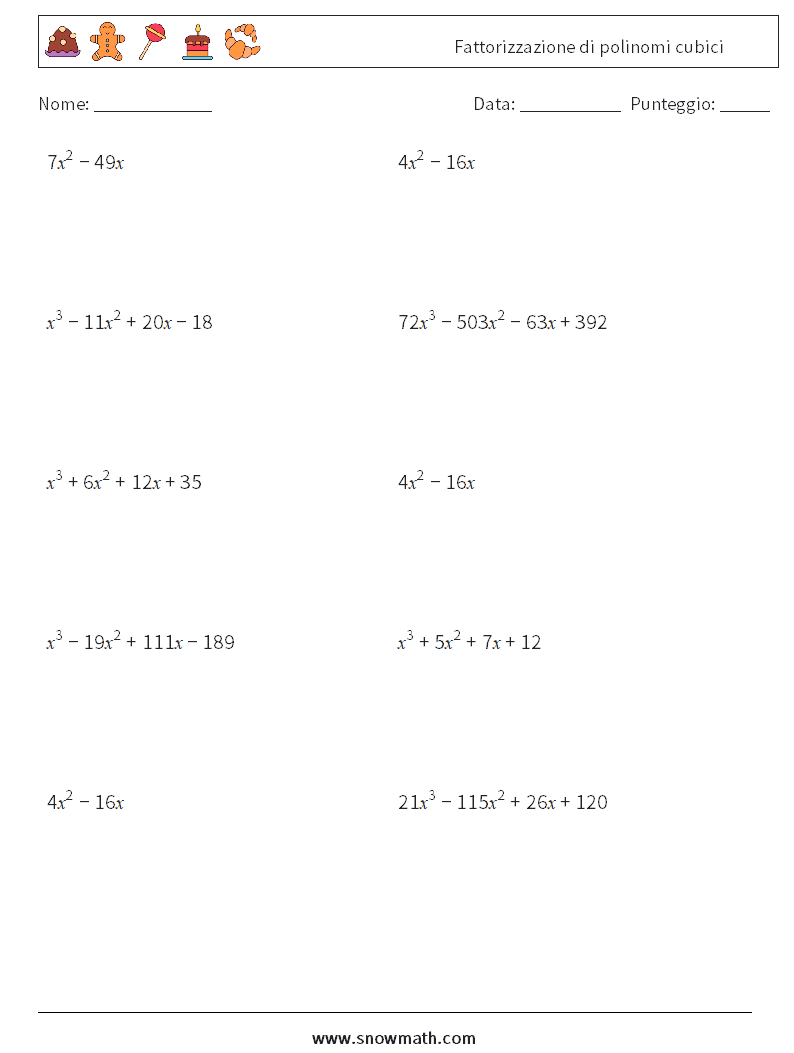 Fattorizzazione di polinomi cubici Fogli di lavoro di matematica 2
