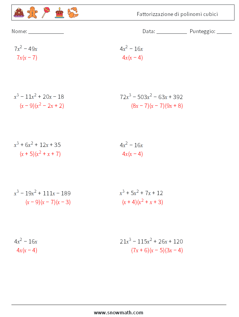 Fattorizzazione di polinomi cubici Fogli di lavoro di matematica 2 Domanda, Risposta