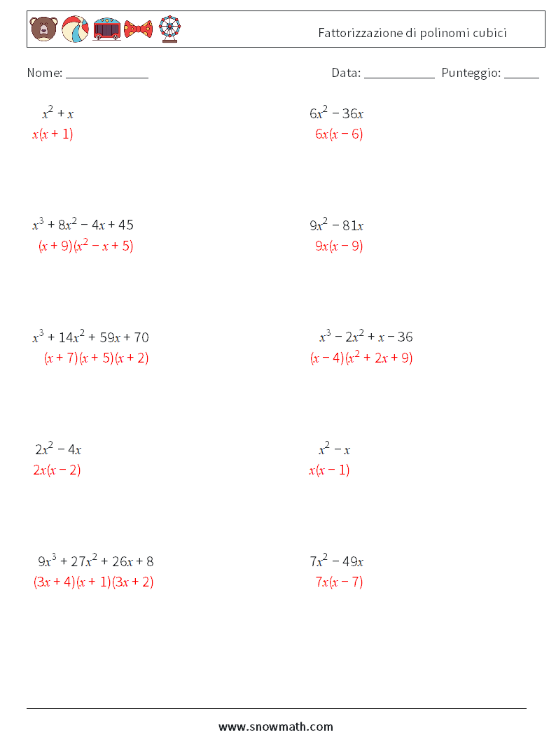 Fattorizzazione di polinomi cubici Fogli di lavoro di matematica 3 Domanda, Risposta