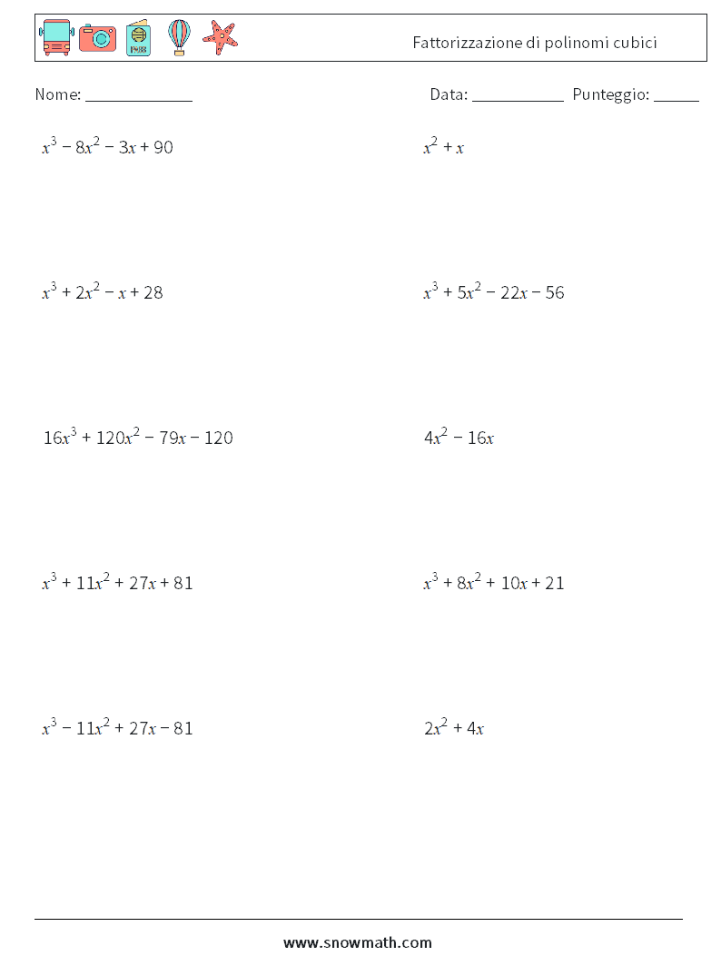 Fattorizzazione di polinomi cubici Fogli di lavoro di matematica 4