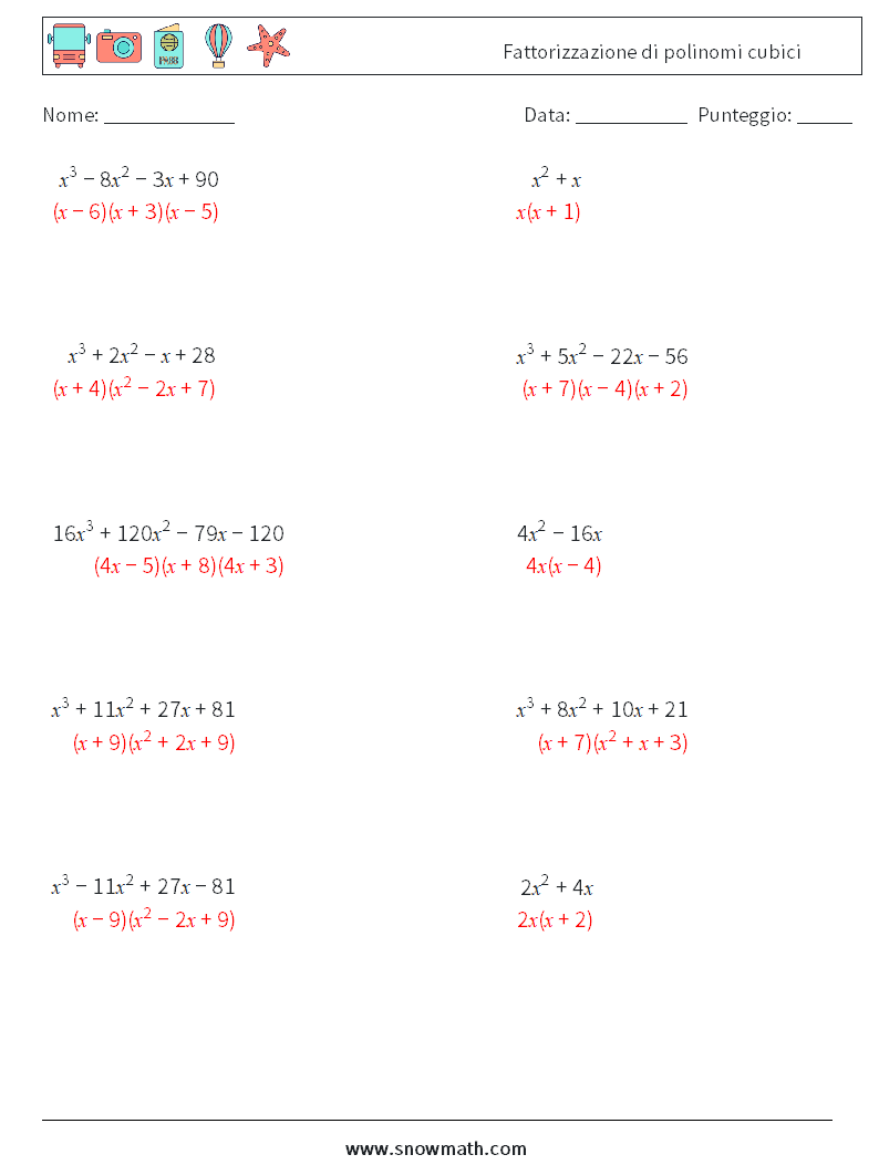Fattorizzazione di polinomi cubici Fogli di lavoro di matematica 4 Domanda, Risposta
