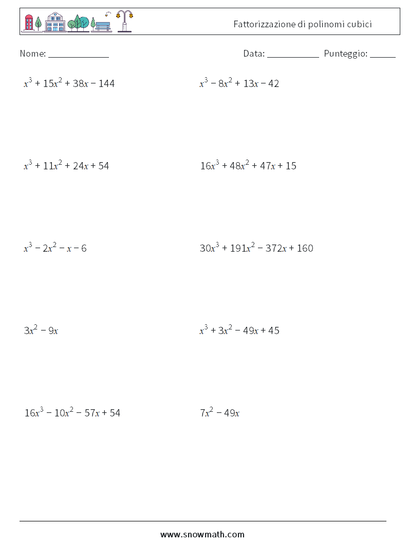 Fattorizzazione di polinomi cubici Fogli di lavoro di matematica 5