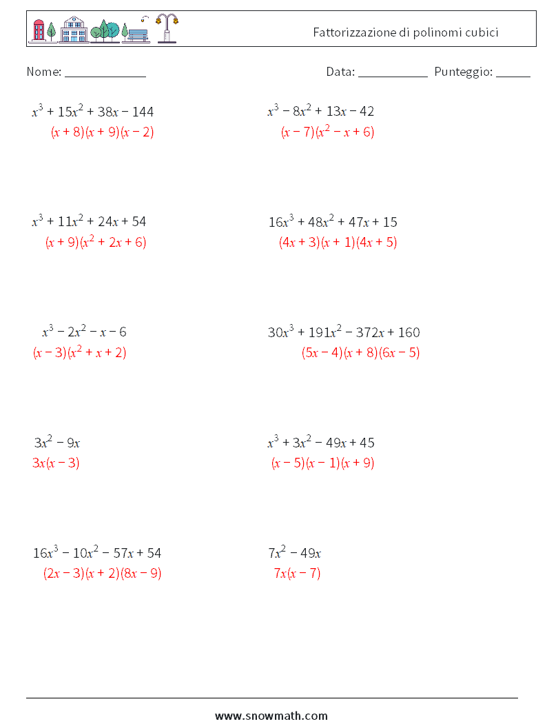 Fattorizzazione di polinomi cubici Fogli di lavoro di matematica 5 Domanda, Risposta