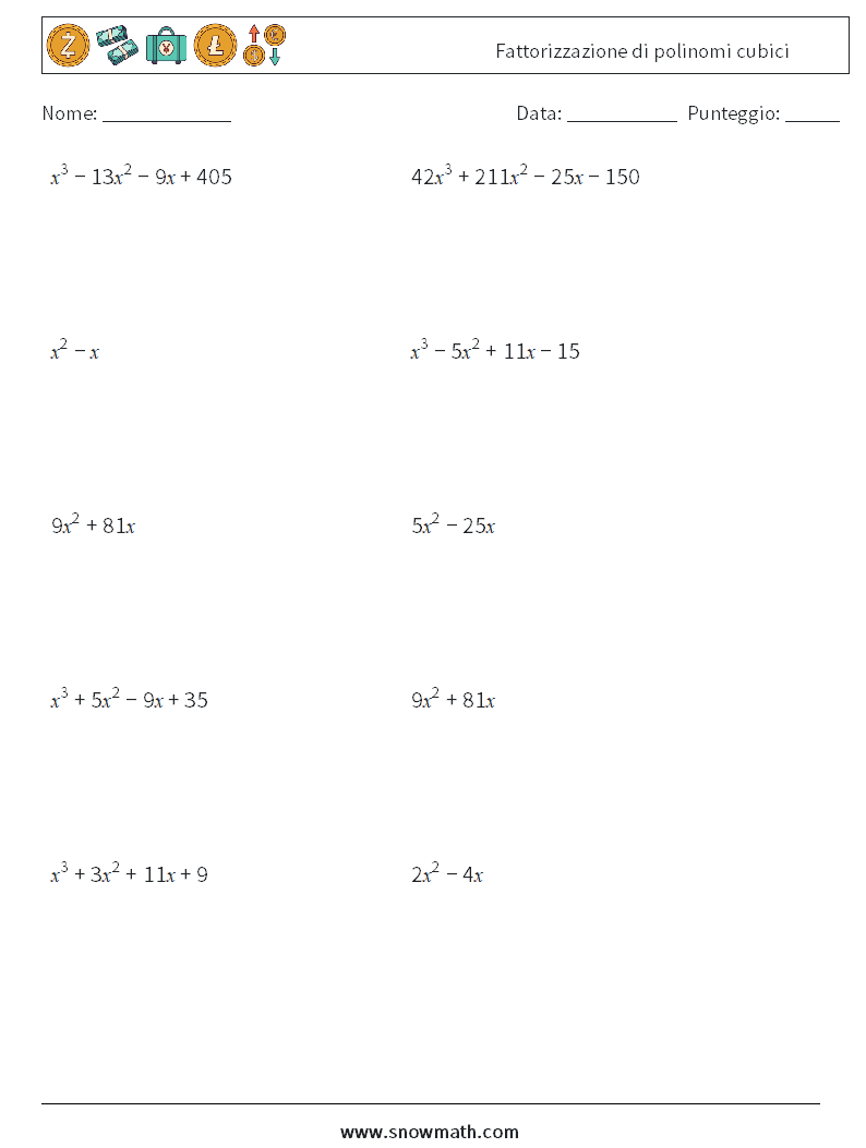 Fattorizzazione di polinomi cubici Fogli di lavoro di matematica 6