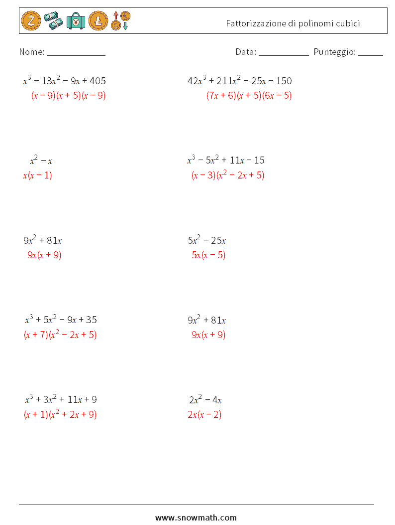 Fattorizzazione di polinomi cubici Fogli di lavoro di matematica 6 Domanda, Risposta