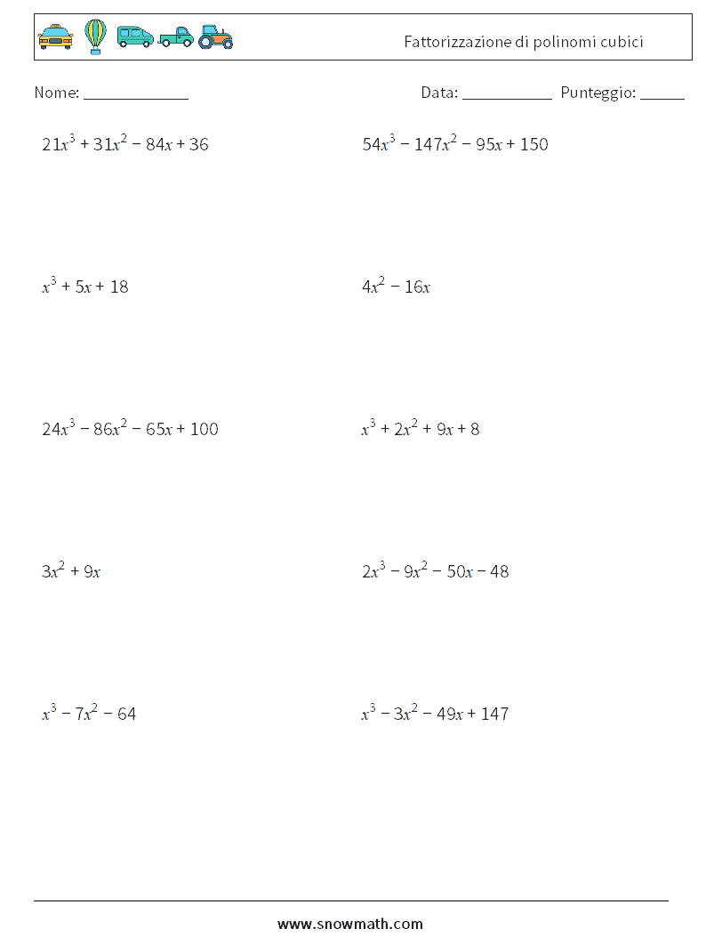 Fattorizzazione di polinomi cubici Fogli di lavoro di matematica 7