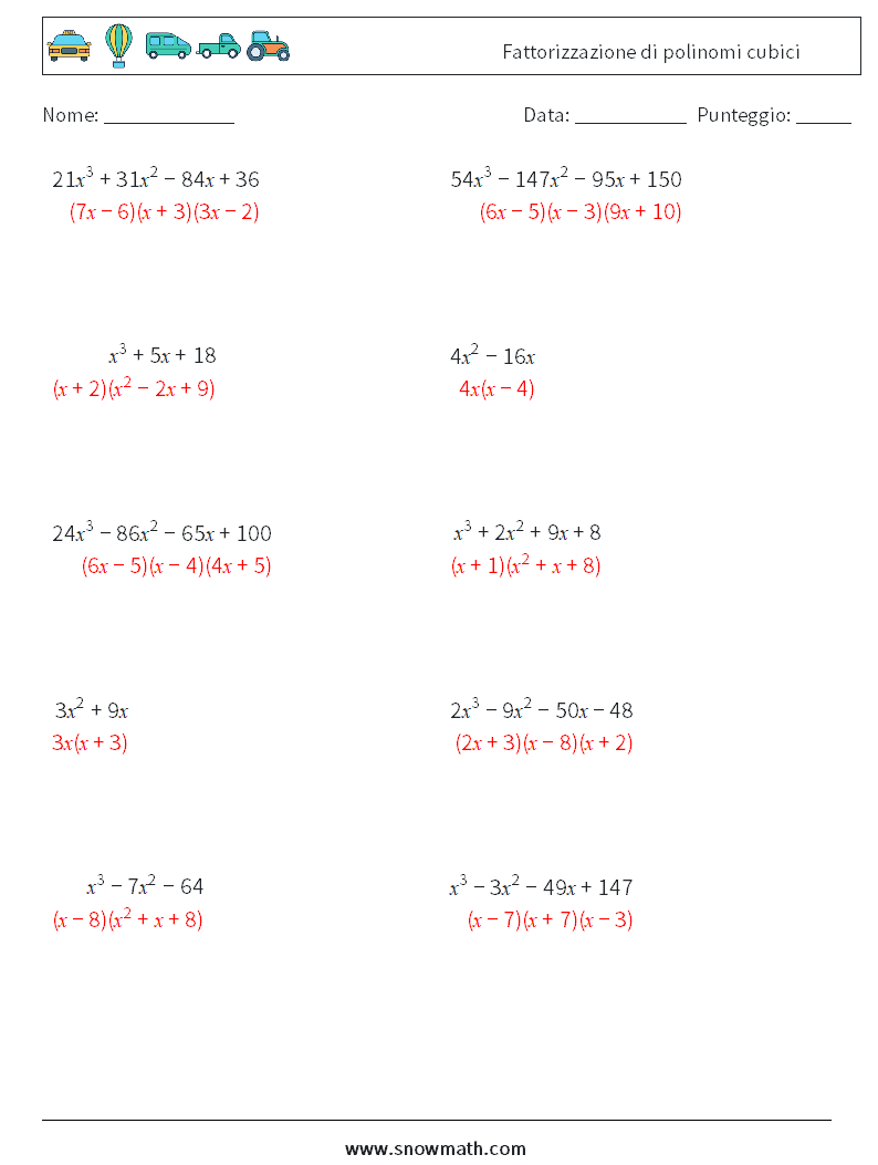Fattorizzazione di polinomi cubici Fogli di lavoro di matematica 7 Domanda, Risposta