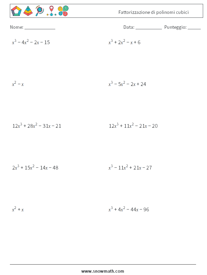 Fattorizzazione di polinomi cubici Fogli di lavoro di matematica 8