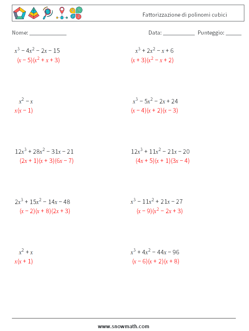 Fattorizzazione di polinomi cubici Fogli di lavoro di matematica 8 Domanda, Risposta