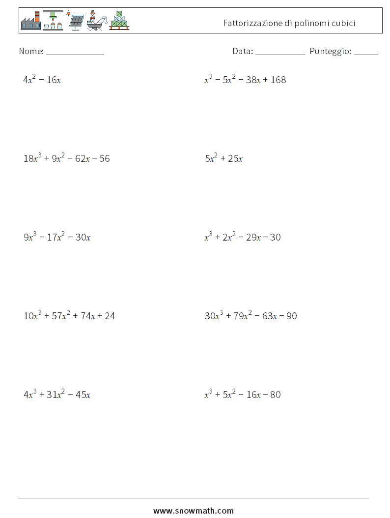 Fattorizzazione di polinomi cubici Fogli di lavoro di matematica 9
