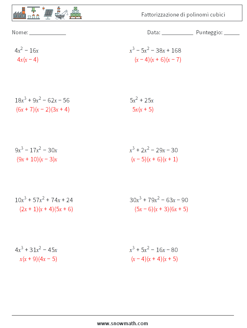 Fattorizzazione di polinomi cubici Fogli di lavoro di matematica 9 Domanda, Risposta