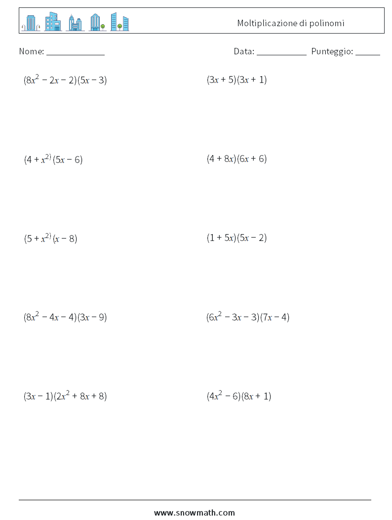 Moltiplicazione di polinomi Fogli di lavoro di matematica 1