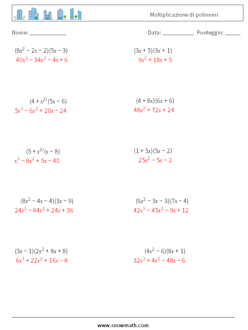 Moltiplicazione di polinomi Fogli di lavoro di matematica 1 Domanda, Risposta