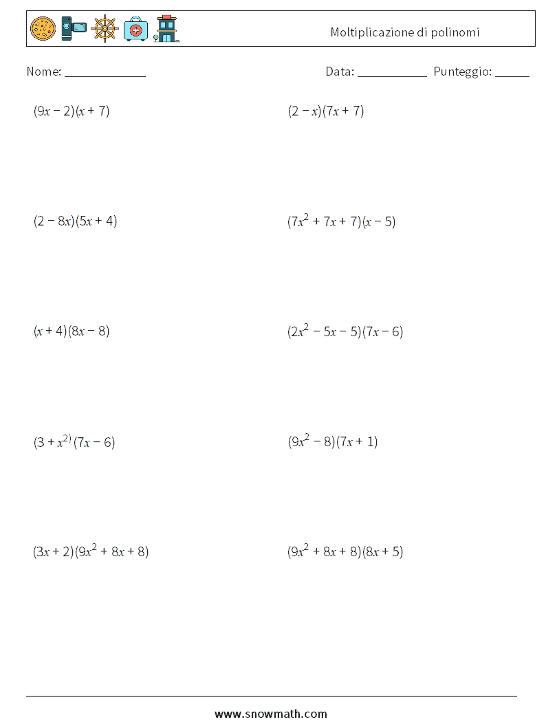 Moltiplicazione di polinomi Fogli di lavoro di matematica 2