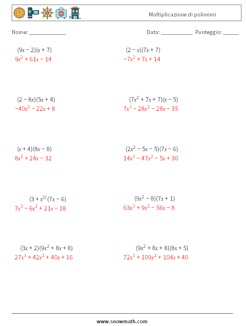 Moltiplicazione di polinomi Fogli di lavoro di matematica 2 Domanda, Risposta