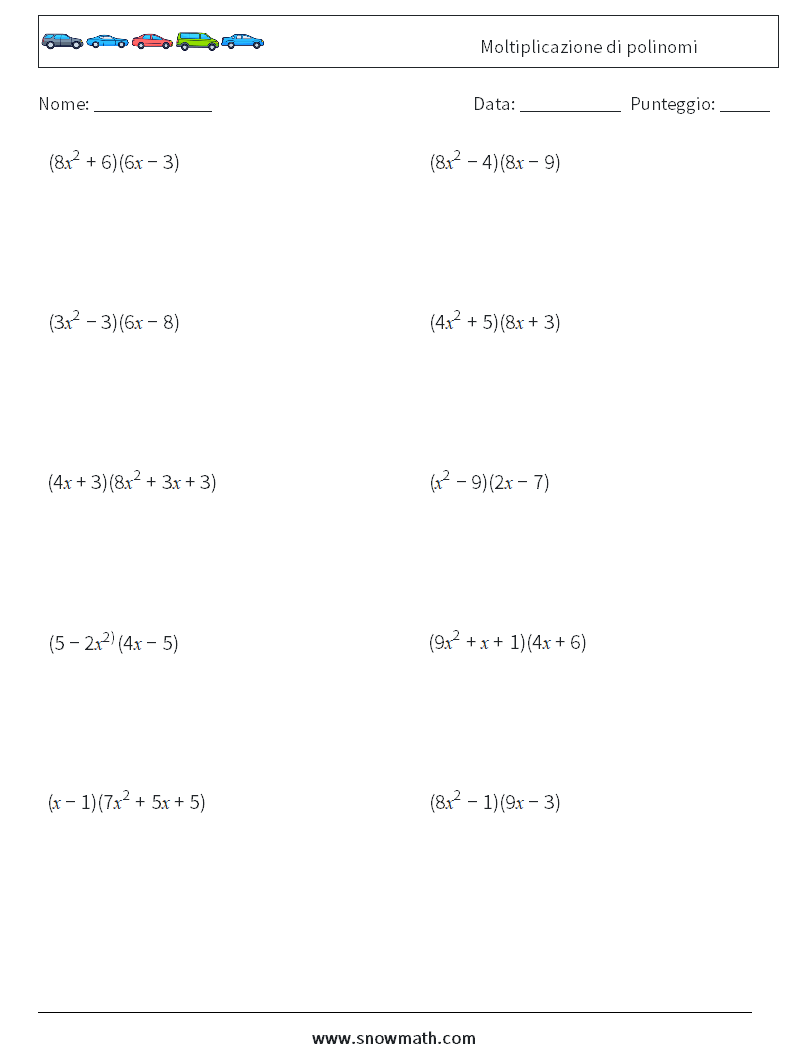 Moltiplicazione di polinomi Fogli di lavoro di matematica 3