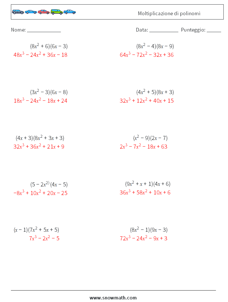 Moltiplicazione di polinomi Fogli di lavoro di matematica 3 Domanda, Risposta