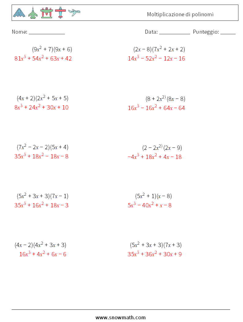 Moltiplicazione di polinomi Fogli di lavoro di matematica 4 Domanda, Risposta