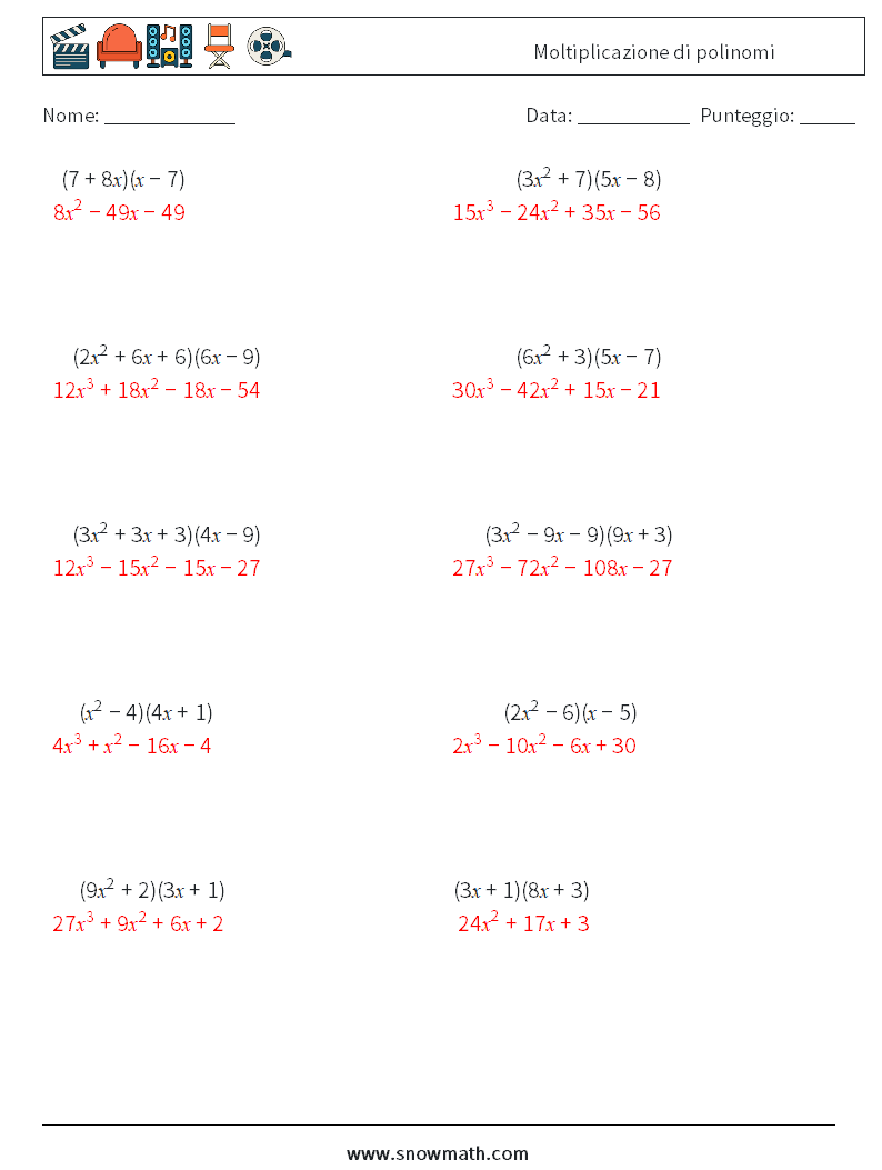 Moltiplicazione di polinomi Fogli di lavoro di matematica 5 Domanda, Risposta