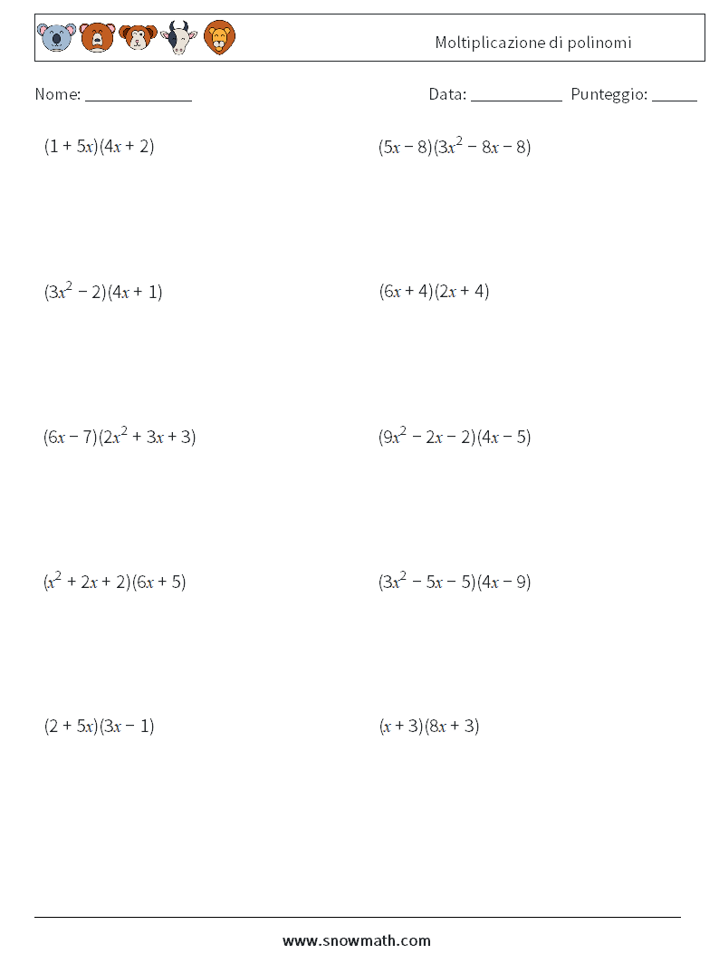 Moltiplicazione di polinomi Fogli di lavoro di matematica 6