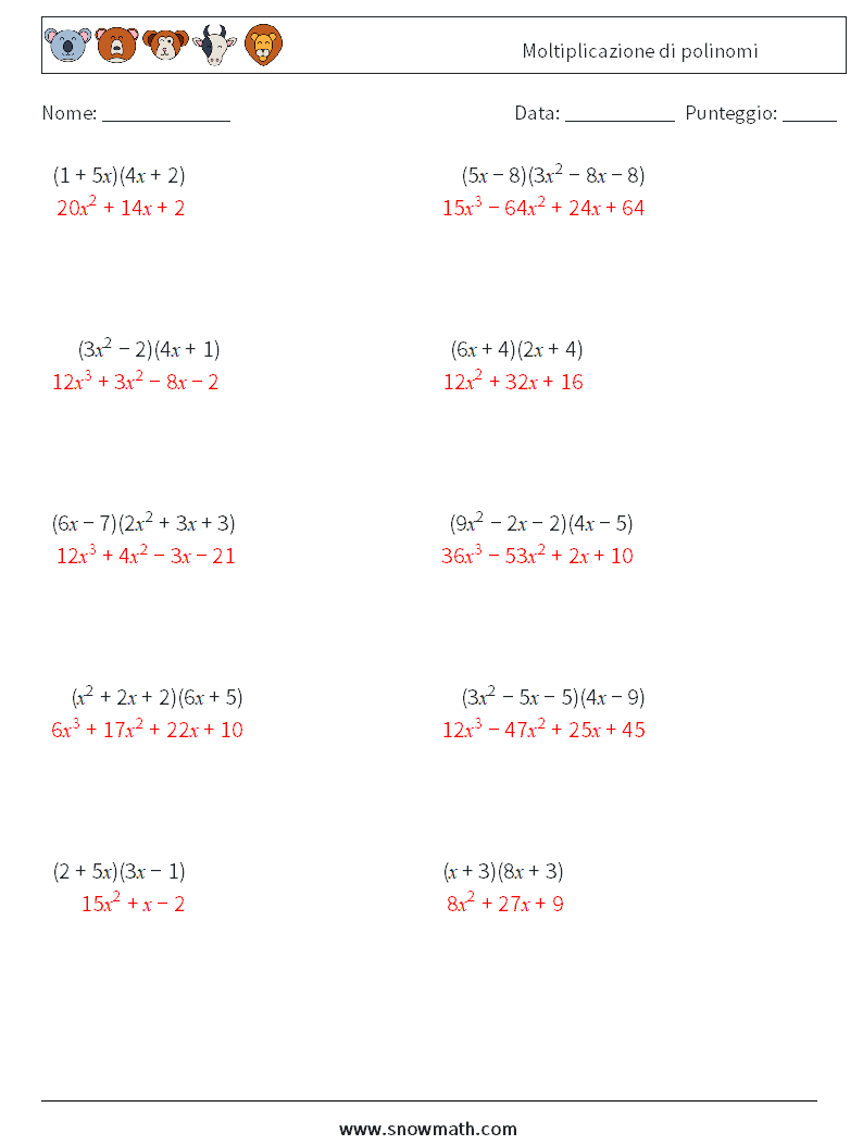 Moltiplicazione di polinomi Fogli di lavoro di matematica 6 Domanda, Risposta