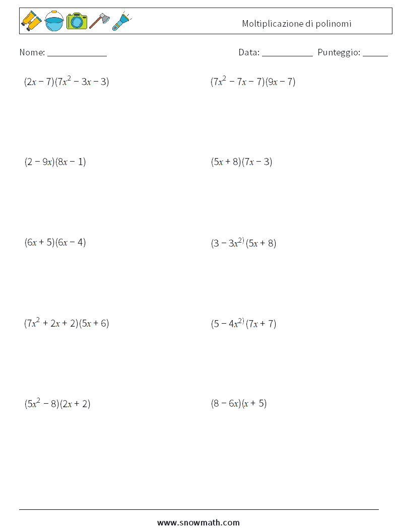 Moltiplicazione di polinomi Fogli di lavoro di matematica 7