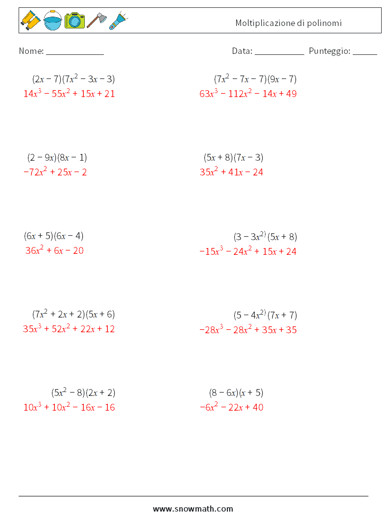 Moltiplicazione di polinomi Fogli di lavoro di matematica 7 Domanda, Risposta