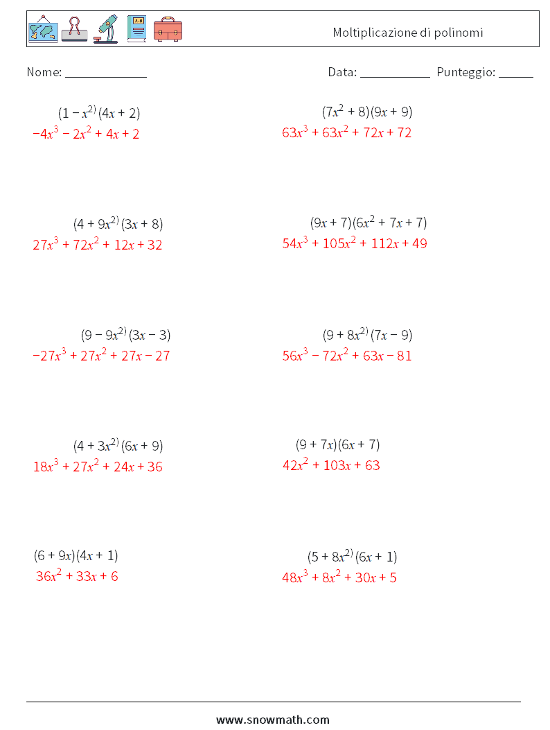Moltiplicazione di polinomi Fogli di lavoro di matematica 8 Domanda, Risposta