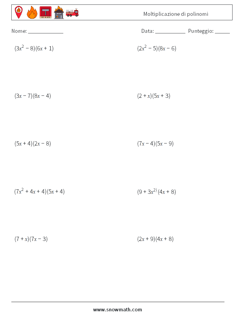 Moltiplicazione di polinomi Fogli di lavoro di matematica 9