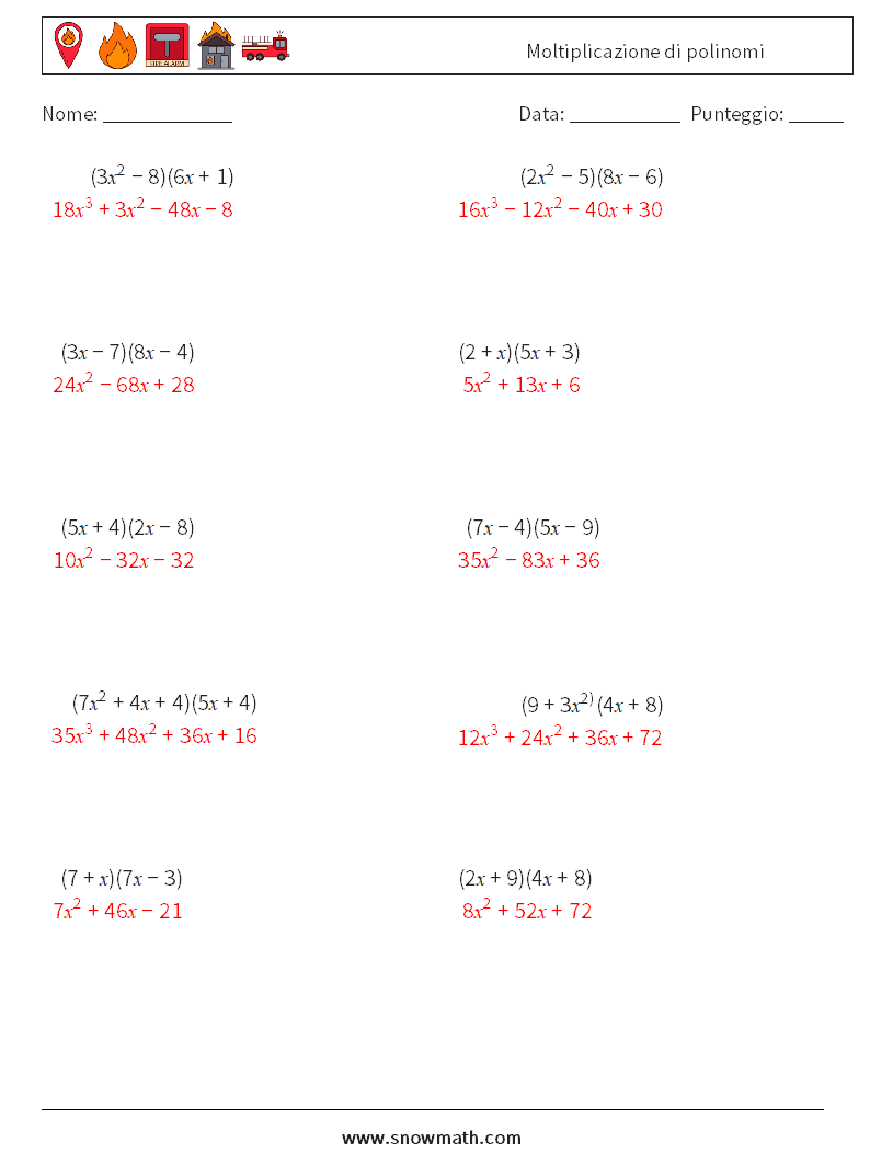 Moltiplicazione di polinomi Fogli di lavoro di matematica 9 Domanda, Risposta