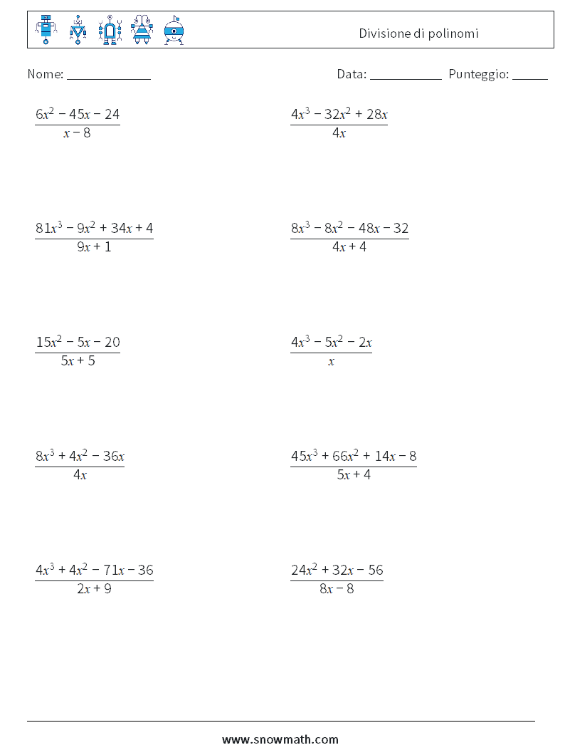 Divisione di polinomi Fogli di lavoro di matematica 1