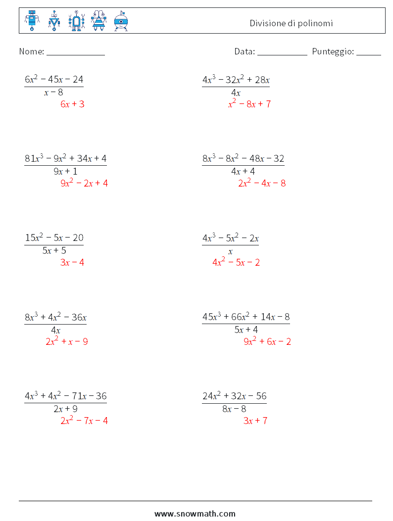 Divisione di polinomi Fogli di lavoro di matematica 1 Domanda, Risposta