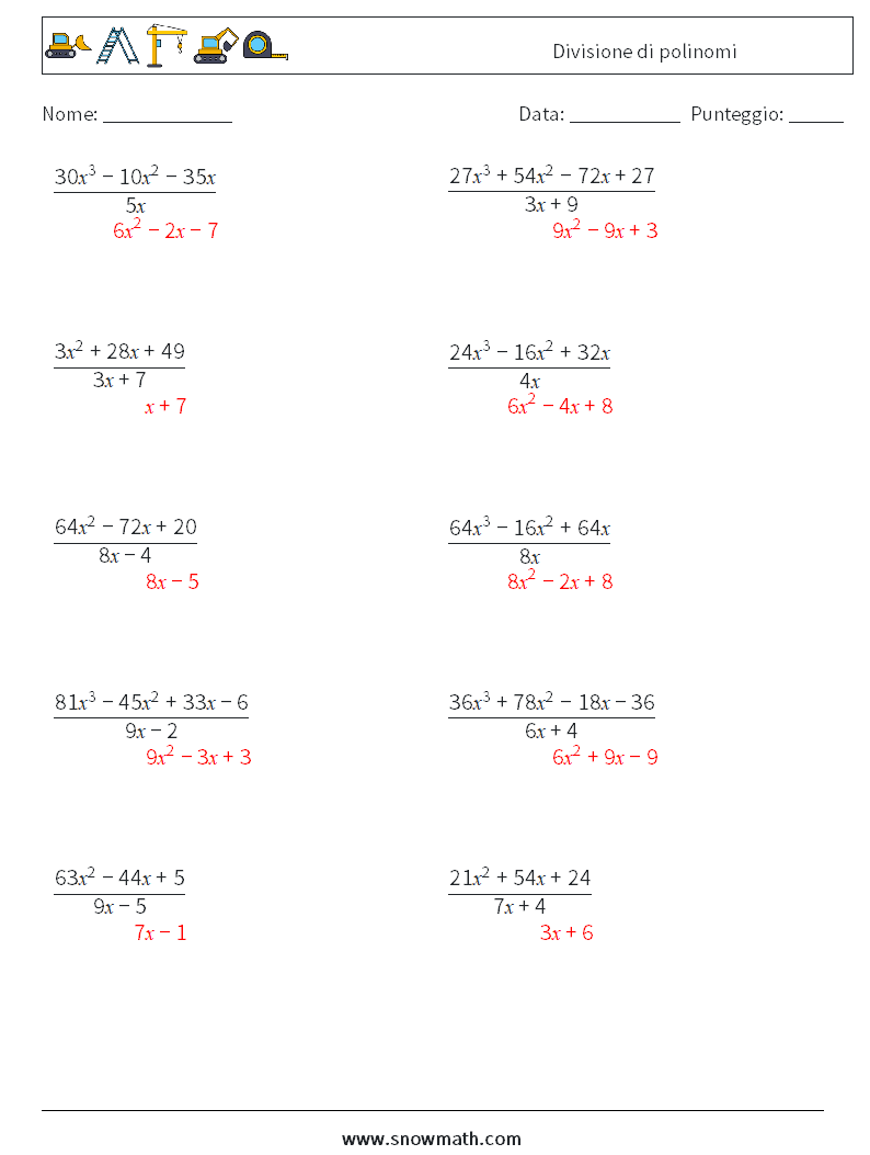 Divisione di polinomi Fogli di lavoro di matematica 2 Domanda, Risposta