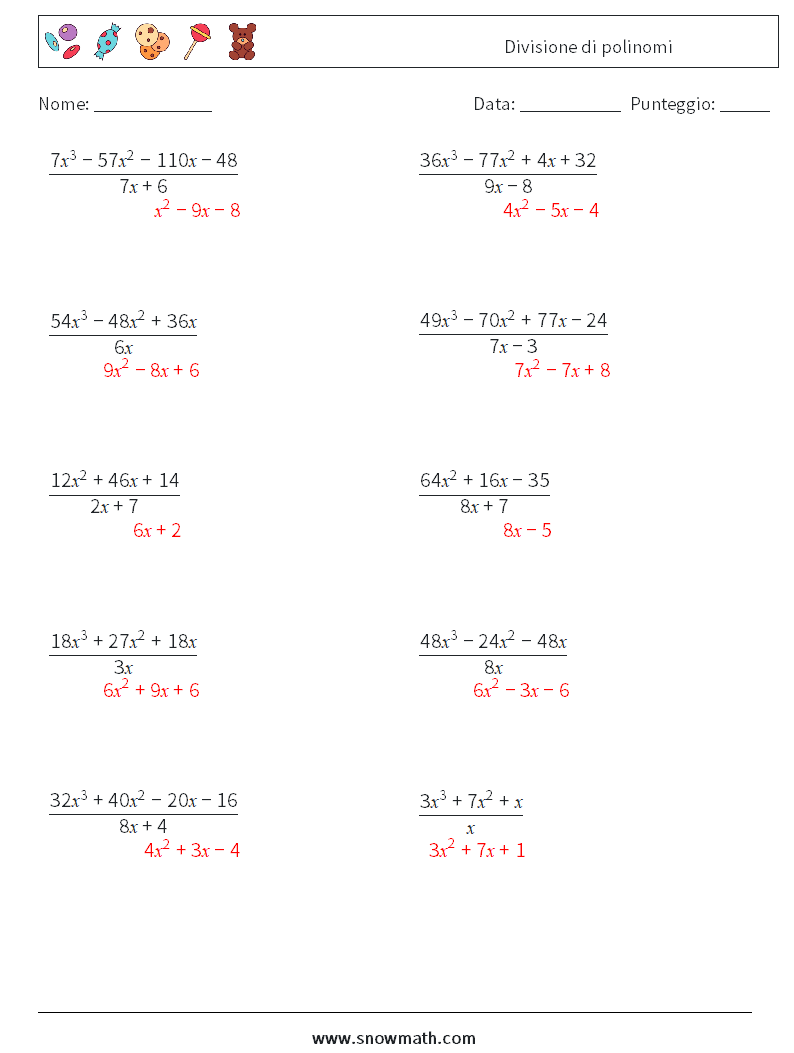 Divisione di polinomi Fogli di lavoro di matematica 4 Domanda, Risposta