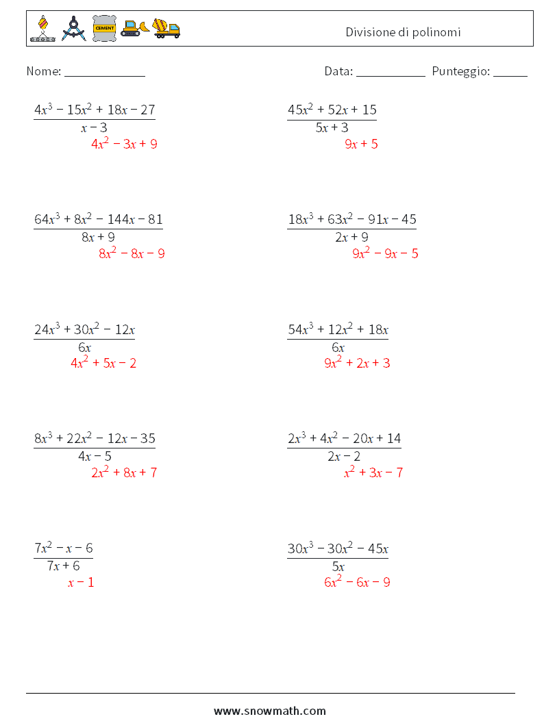Divisione di polinomi Fogli di lavoro di matematica 6 Domanda, Risposta