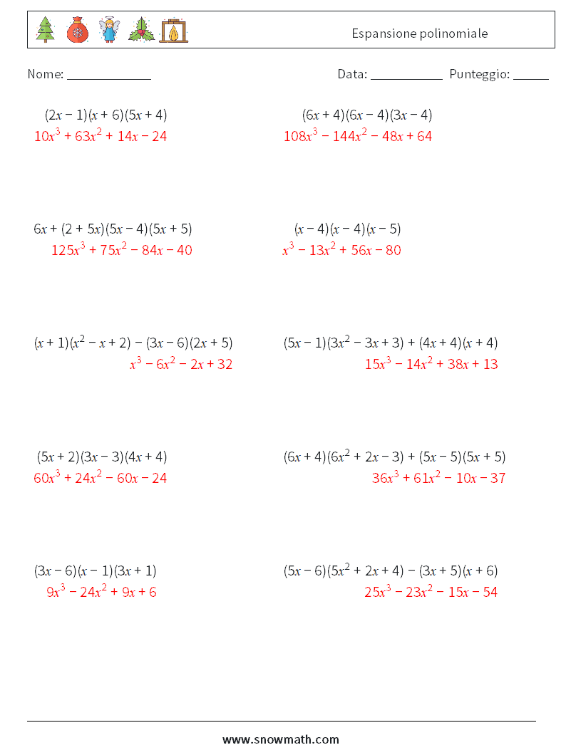 Espansione polinomiale Fogli di lavoro di matematica 5 Domanda, Risposta