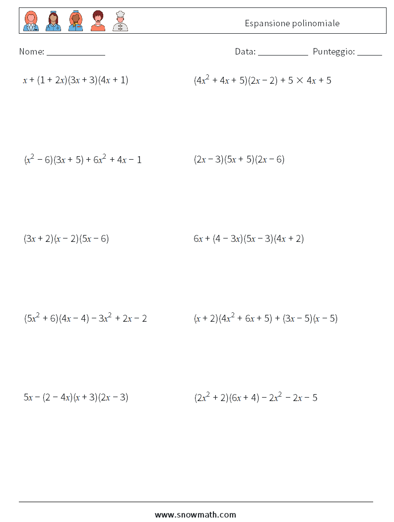 Espansione polinomiale Fogli di lavoro di matematica 6