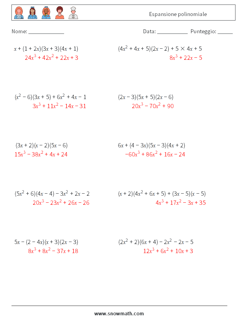 Espansione polinomiale Fogli di lavoro di matematica 6 Domanda, Risposta