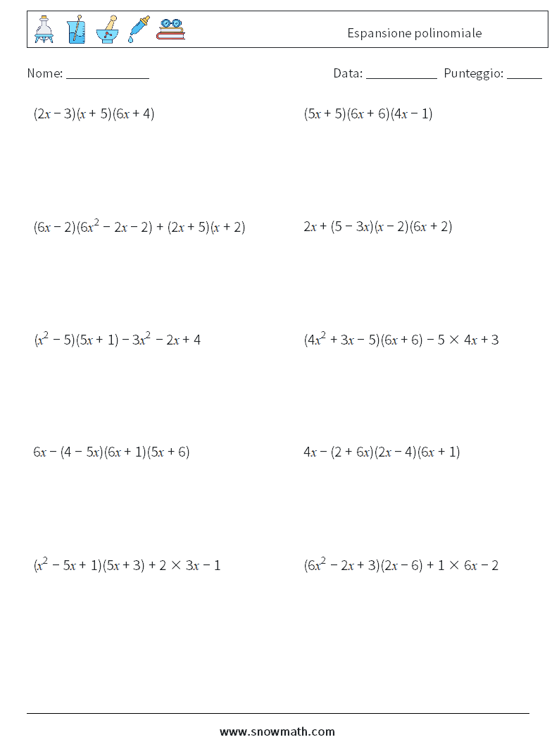 Espansione polinomiale Fogli di lavoro di matematica 7