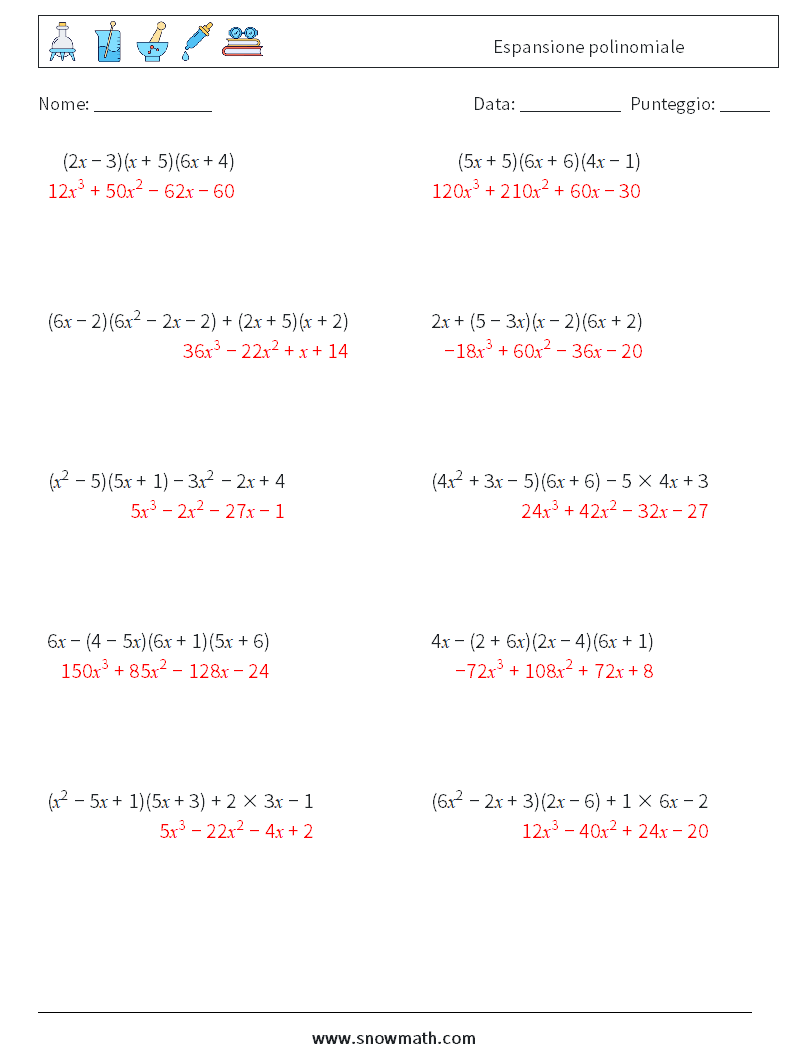 Espansione polinomiale Fogli di lavoro di matematica 7 Domanda, Risposta