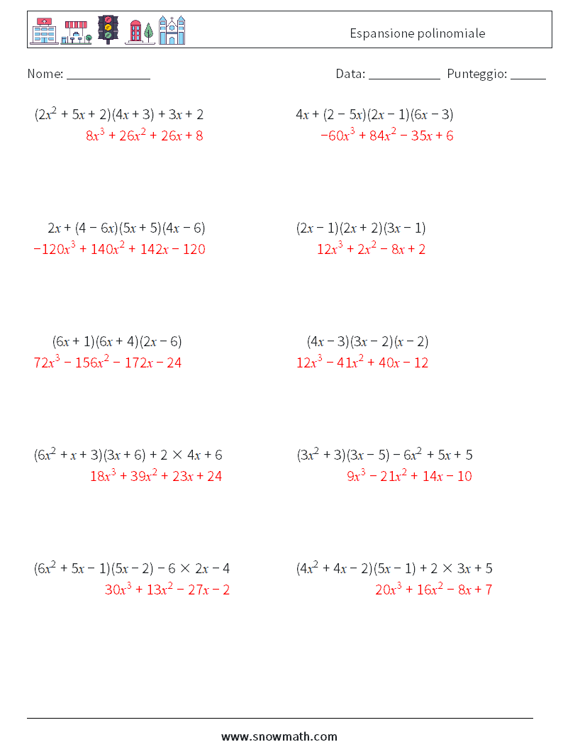 Espansione polinomiale Fogli di lavoro di matematica 8 Domanda, Risposta