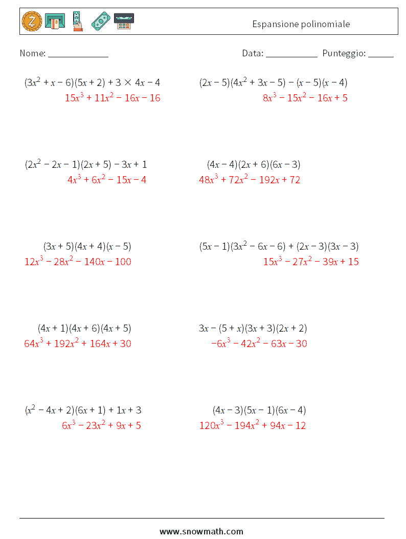 Espansione polinomiale Fogli di lavoro di matematica 9 Domanda, Risposta