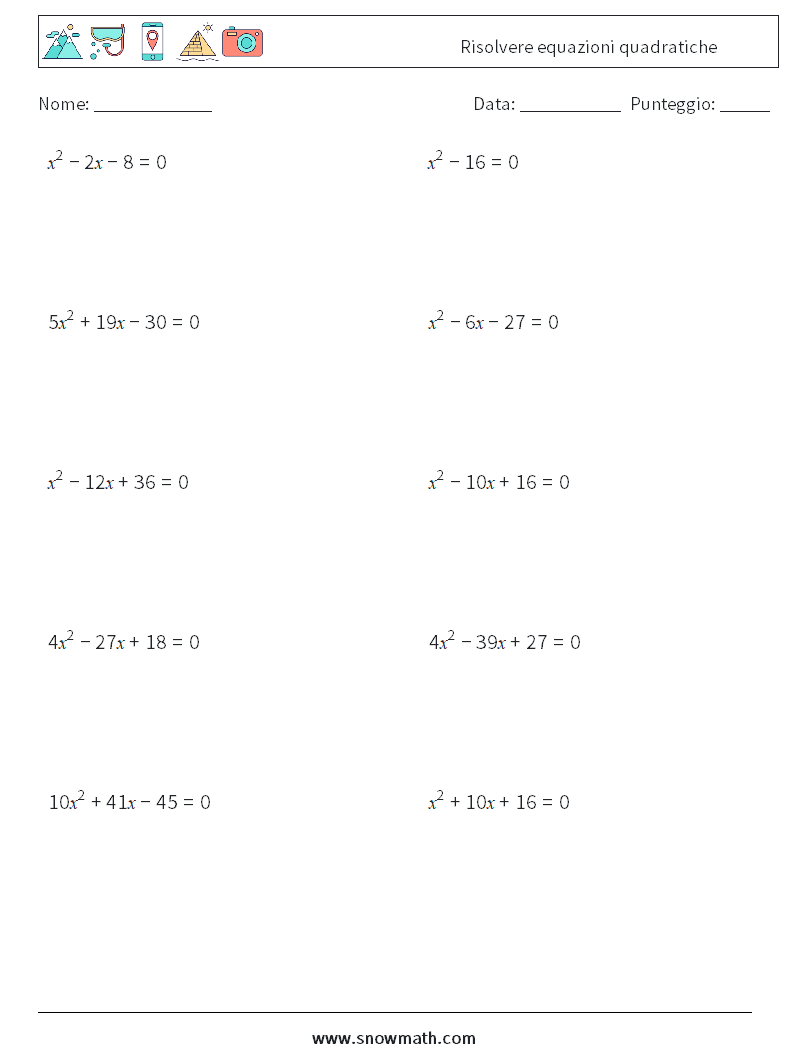 Risolvere equazioni quadratiche Fogli di lavoro di matematica 1